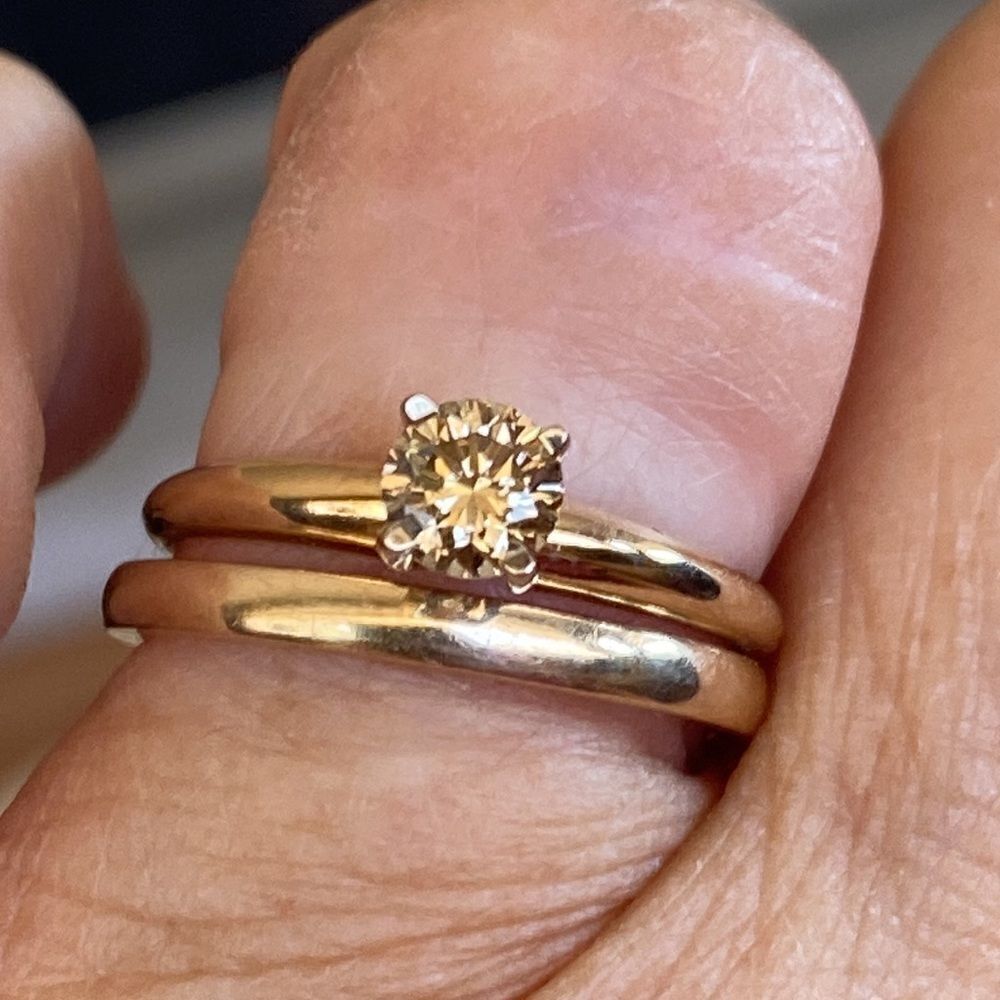 14K Fancy Champagne.55 Carat Diamond Solitaire Ring & 14K Wedding Band